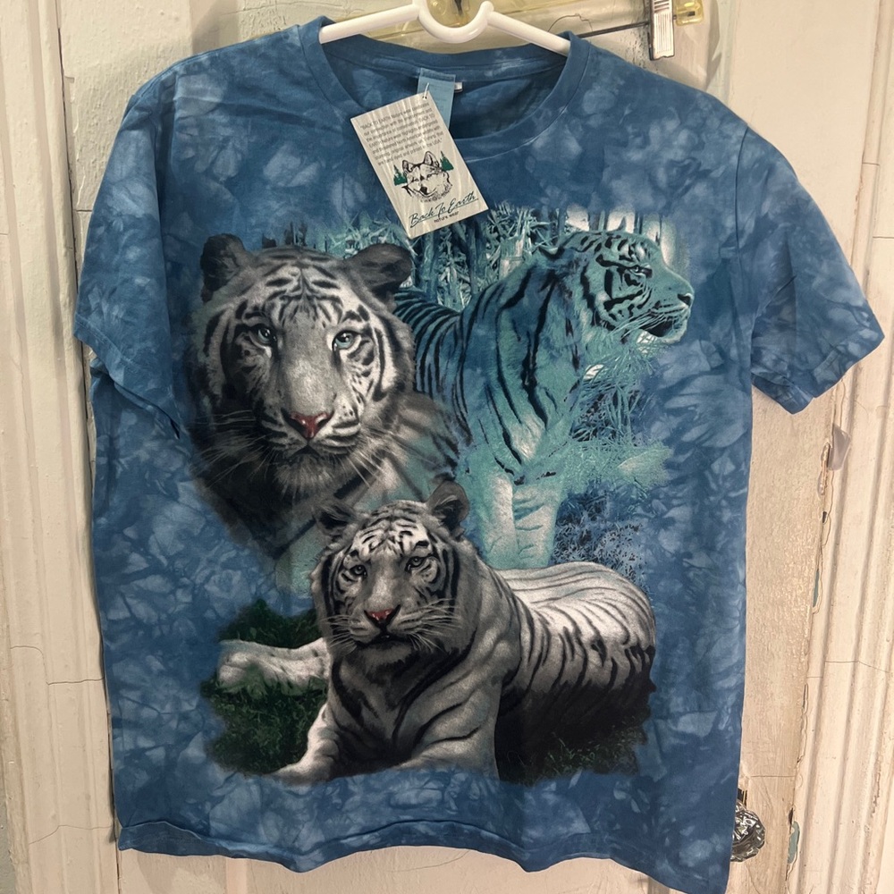 BNWT vintage 90’s white tigers graphic print blue tie dye shirt mens Sz large